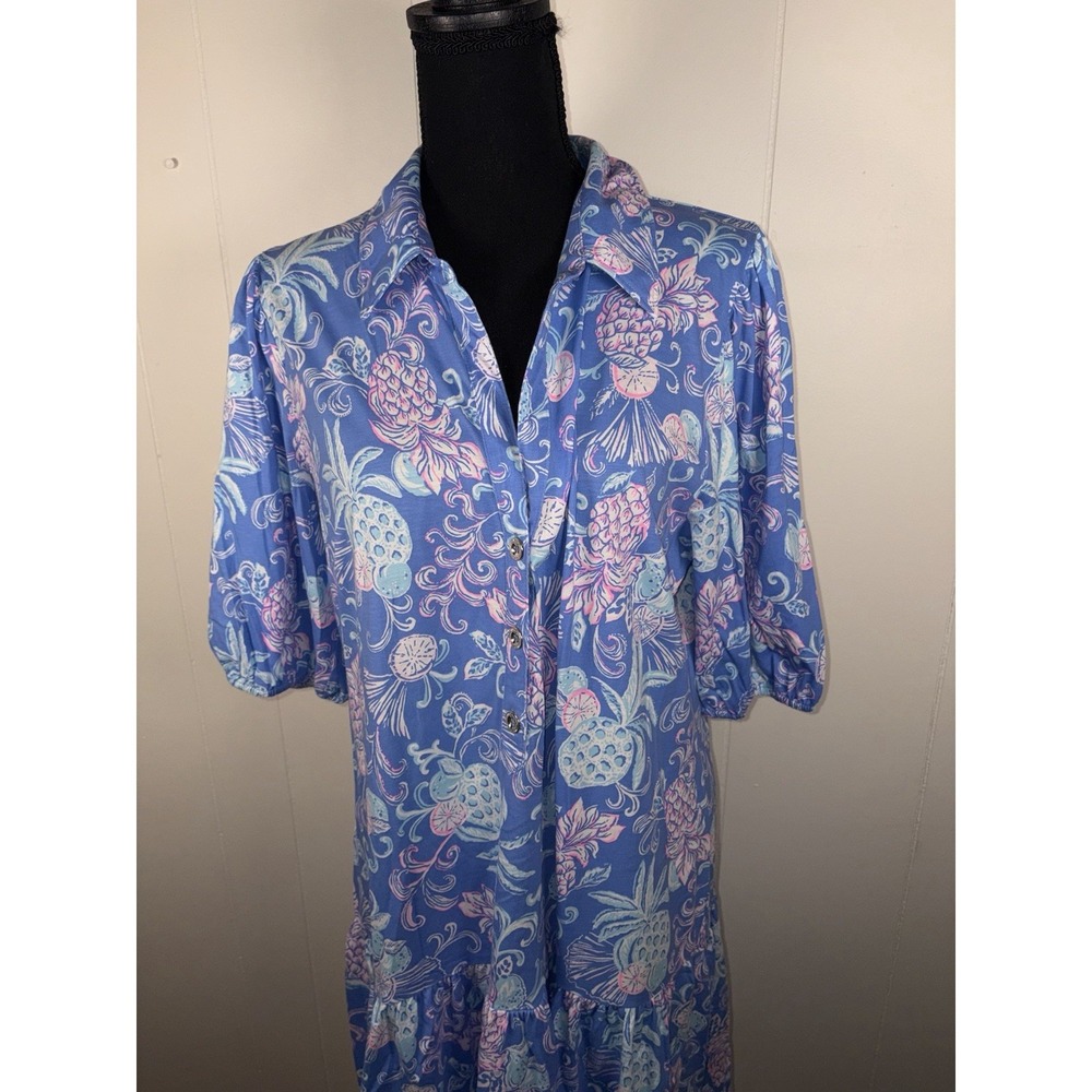 Lilly Pulitzer Bingley Citrus Crush Dress Cotton Blue Preppy Resort Size L - Picture 2 of 10